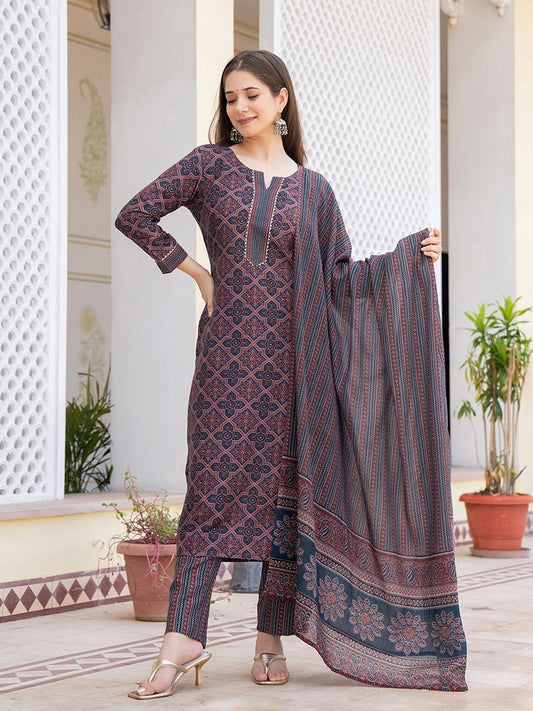 Ethnic Motifs Printed Regular Gotta Patti Straight Kurta with Trousers & Dupatta