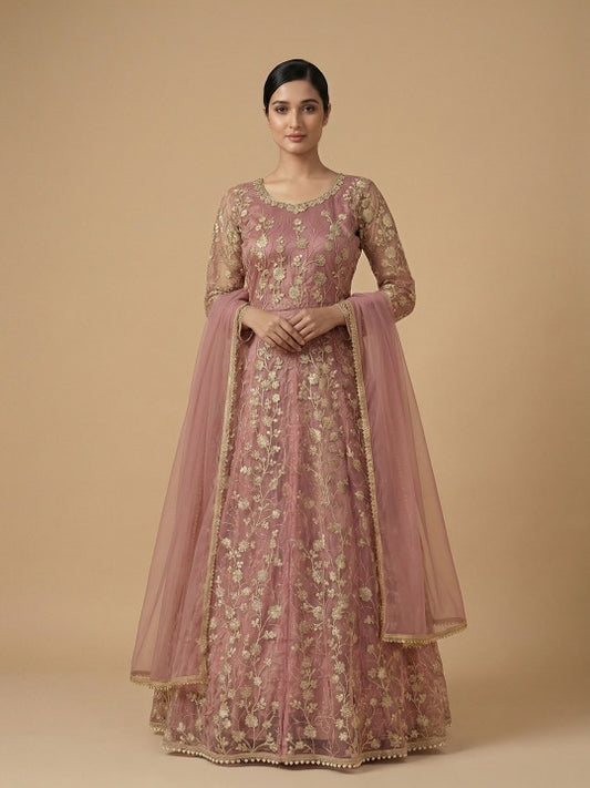 Embroidered Net Semi Stitched Kurta With Trousers & Dupatta Kurta Set