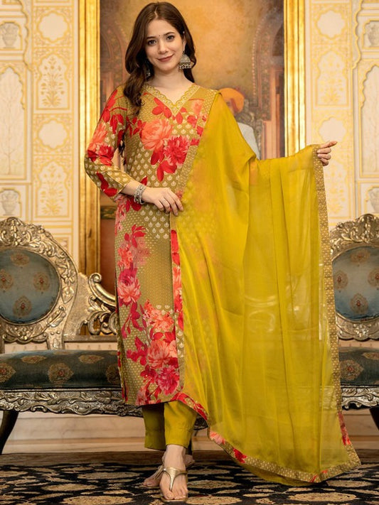 Women Floral Printed Regular Sequinned Kurta with Trousers & With Dupatta