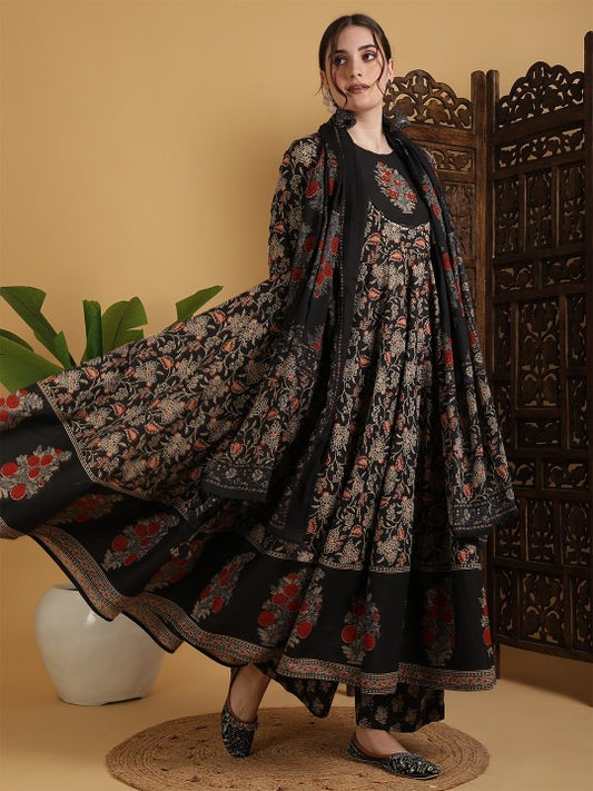 Floral Printed Anarkali Pure Cotton Kurta With Palazzos And Dupatta