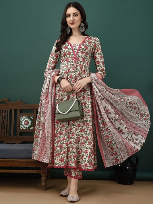 Floral Printed Pure Cotton Anarkali Kurta With Trousers & Dupatta