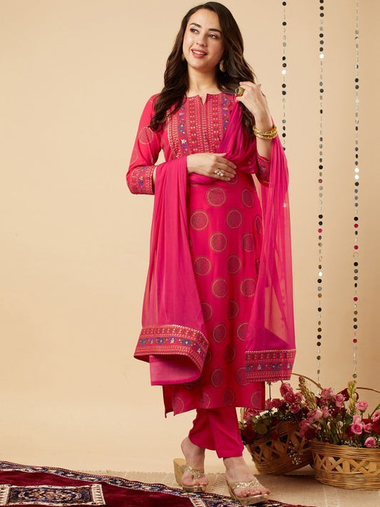 Ethnic Motifs Yoke Design Gotta Patti Kurta With Trousers & Dupatta