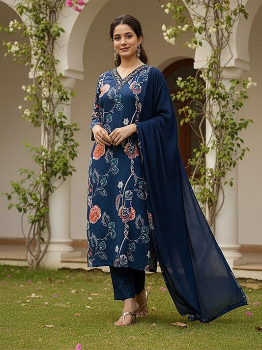 Women Floral Printed Regular Kurta with Trousers & With Dupatta