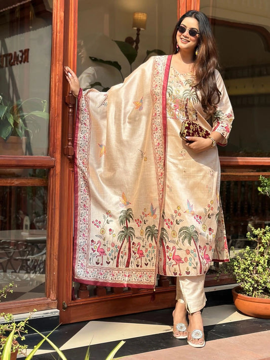 Women Silk Blend Kurta Pant Dupatta Set