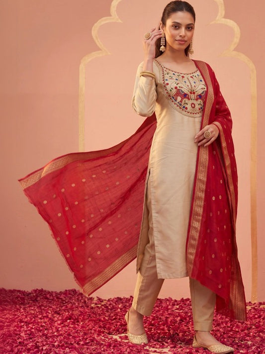 Women Ethnic Motifs Embroidered Regular Thread Work Kurta with Trousers & With Dupatta