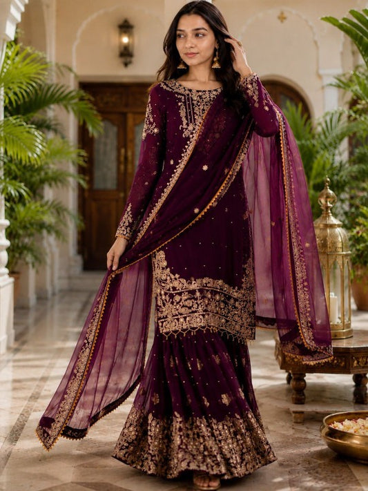 Women Ethnic Motifs Embroidered Regular Silk Georgette Kurti with Sharara & With Dupatta