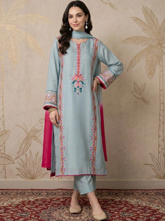 Women Floral Embroidered Regular Thread Work Kurta with Trousers & With Dupatta