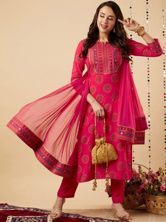Ethnic Motifs Yoke Design Gotta Patti Kurta With Trousers & Dupatta