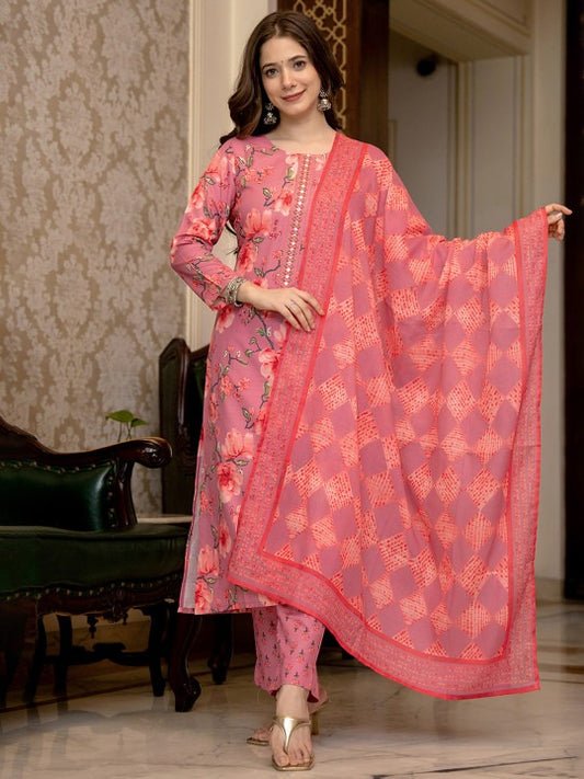 Floral Printed Mirror Work Straight Kurta With Trousers & Dupatta