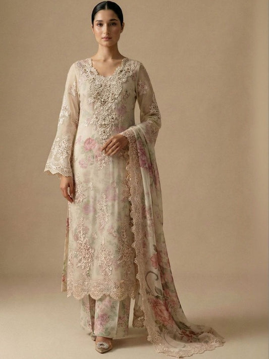 Women Floral Embroidered Regular Beads and Stones Silk Chiffon Kurta with Palazzos & With Dupatta