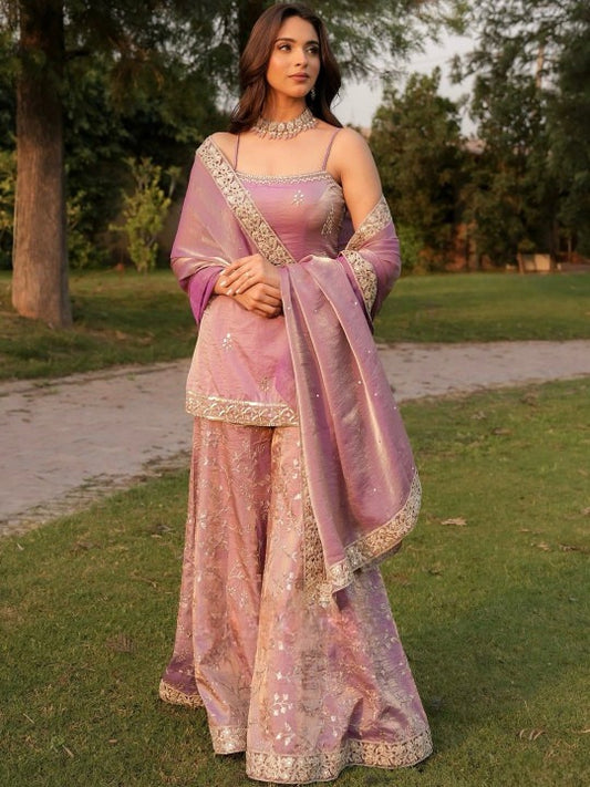 Women Ethnic Motifs Embroidered Regular Thread Work Kurta With Sharara & Dupatta