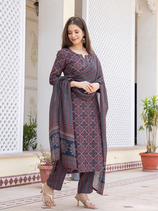 Ethnic Motifs Printed Regular Gotta Patti Straight Kurta with Trousers & Dupatta