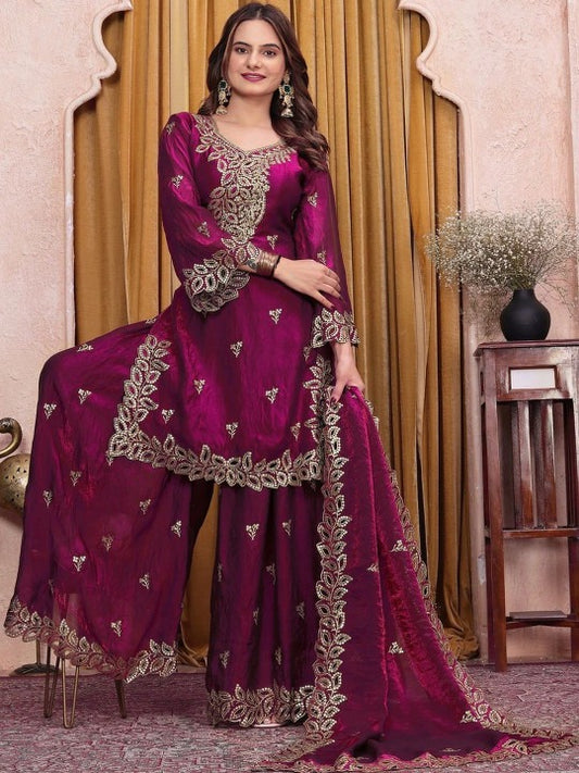 Women Ethnic Motifs Embroidered Regular Kurta with Sharara & With Dupatta