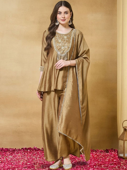 Colors of Earth Silk Embroidered Beadswork Peplum Kurti And Sharara Set With Dupatta