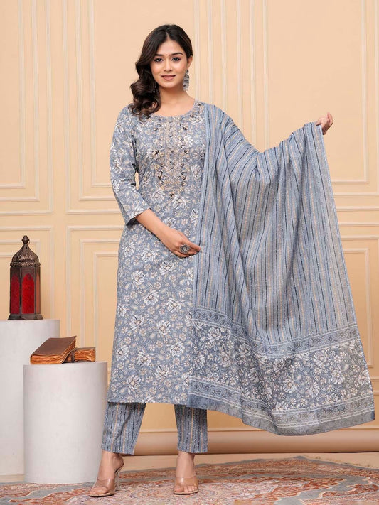 Floral Embroidered Sequinned Round Neck Pure Cotton Kurta With Trousers & Dupatta