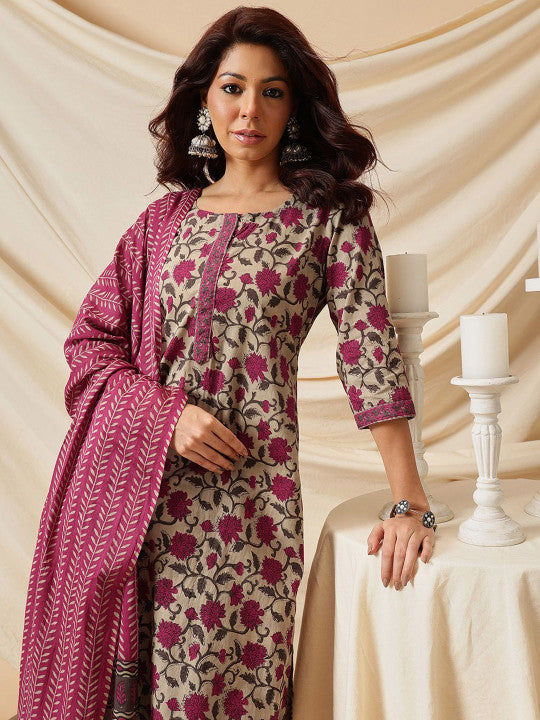 Floral Printed Pure Cotton Straight Kurta & Trouser With Dupatta