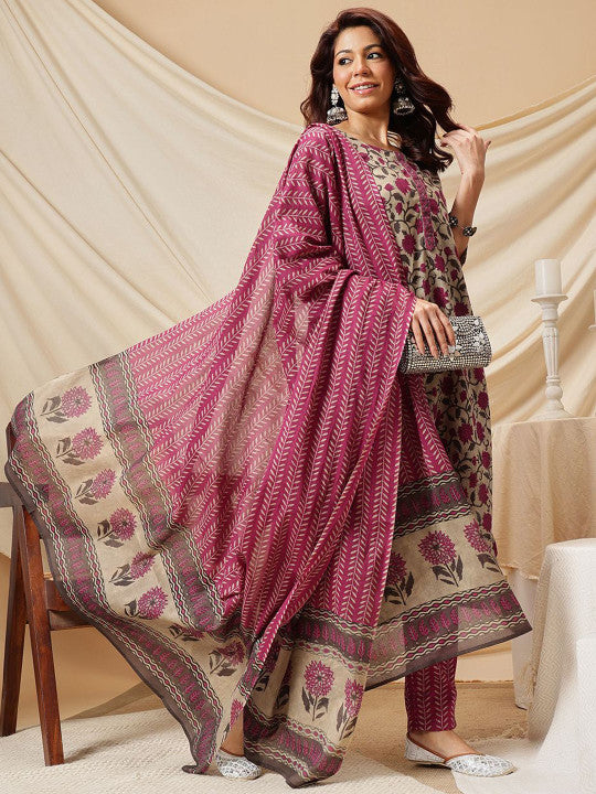 Floral Printed Pure Cotton Straight Kurta & Trouser With Dupatta