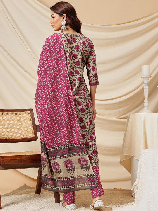 Floral Printed Pure Cotton Straight Kurta & Trouser With Dupatta