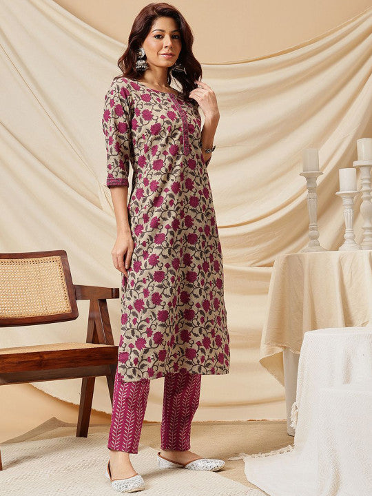 Floral Printed Pure Cotton Straight Kurta & Trouser With Dupatta