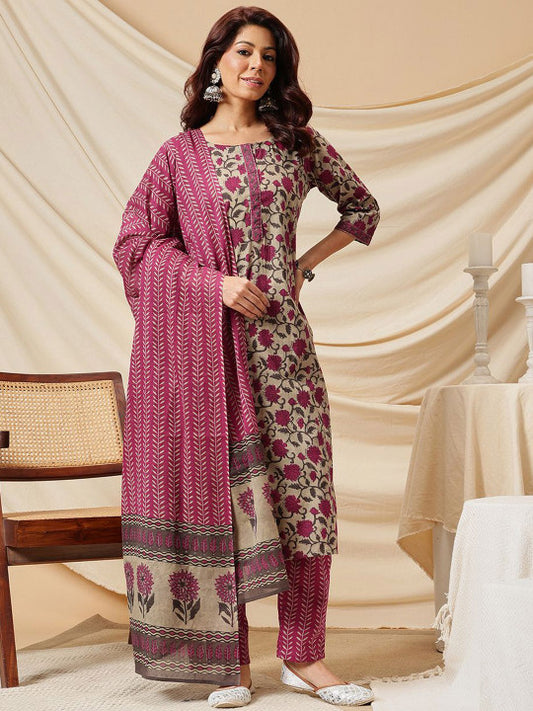 Floral Printed Pure Cotton Straight Kurta & Trouser With Dupatta
