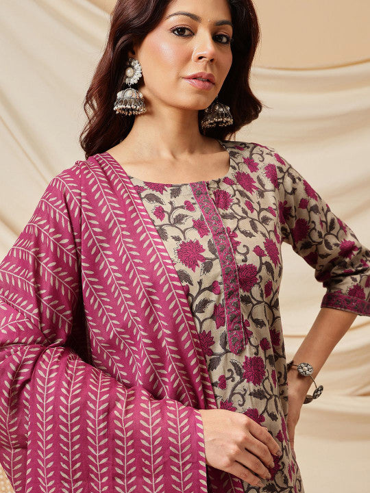 Floral Printed Pure Cotton Straight Kurta & Trouser With Dupatta