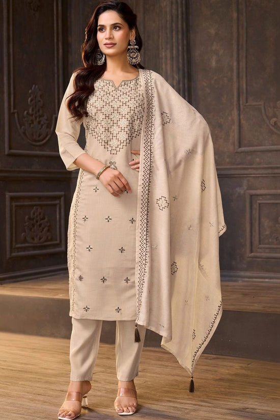 Women Embroidered Regular Thread Work Pure Silk Kurta with Trousers & With Dupatta