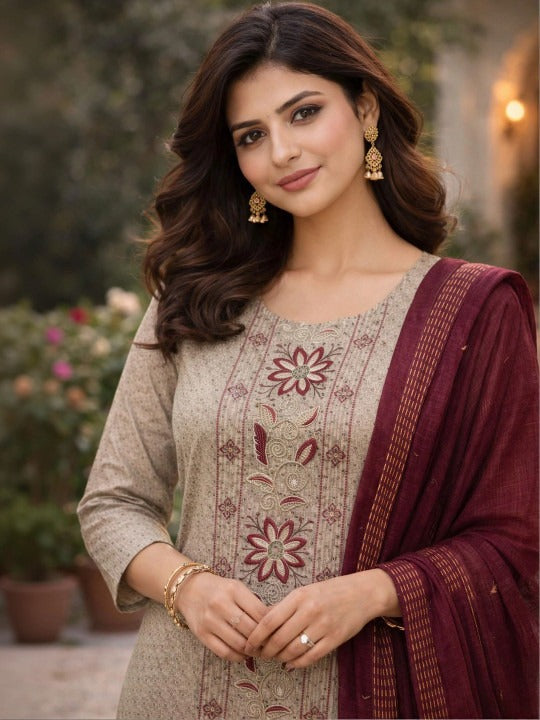 Beige, Burgundy and Gold-Toned Embroidered Kurta with Trousers & Dupatta