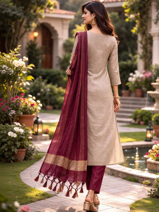 Beige, Burgundy and Gold-Toned Embroidered Kurta with Trousers & Dupatta