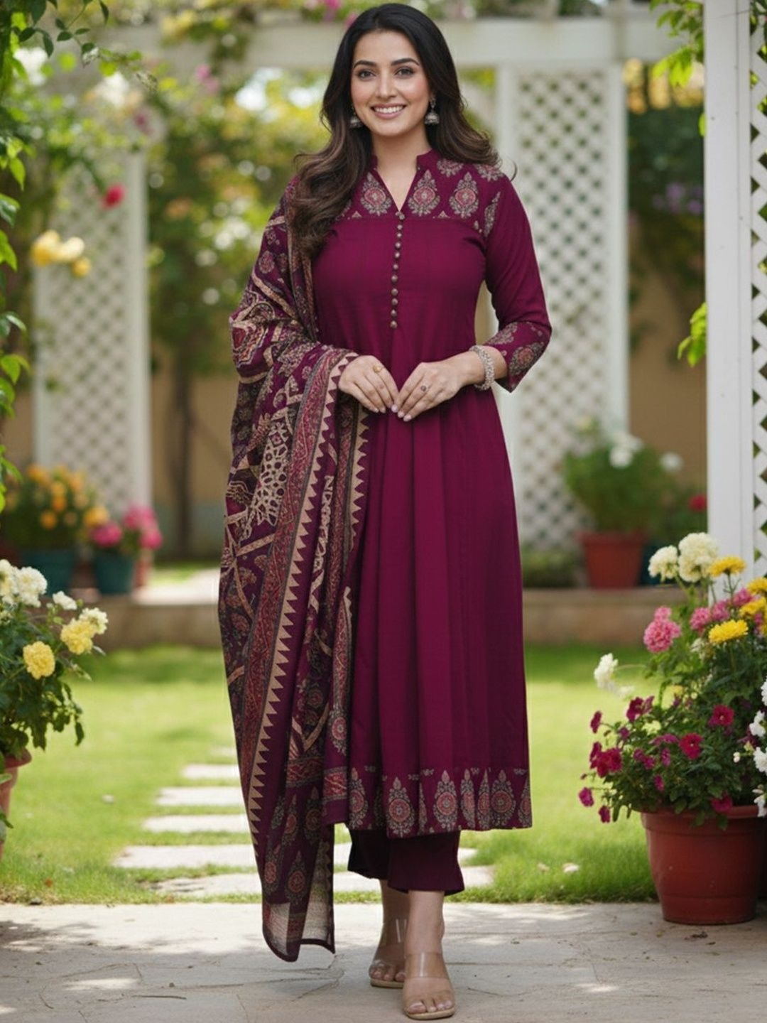 Women Ethnic Motifs Printed Regular Kurta with Trousers & With Dupatta
