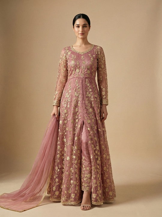 Embroidered Net Semi Stitched Kurta With Trousers & Dupatta Kurta Set
