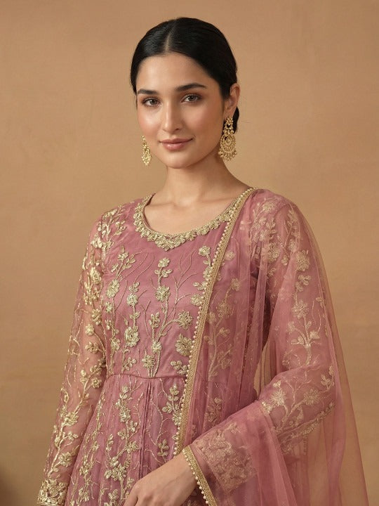 Embroidered Net Semi Stitched Kurta With Trousers & Dupatta Kurta Set