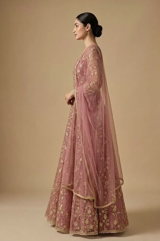 Embroidered Net Semi Stitched Kurta With Trousers & Dupatta Kurta Set