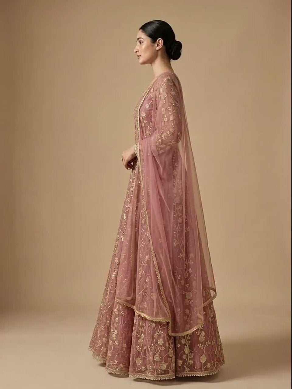 Embroidered Net Semi Stitched Kurta With Trousers & Dupatta Kurta Set