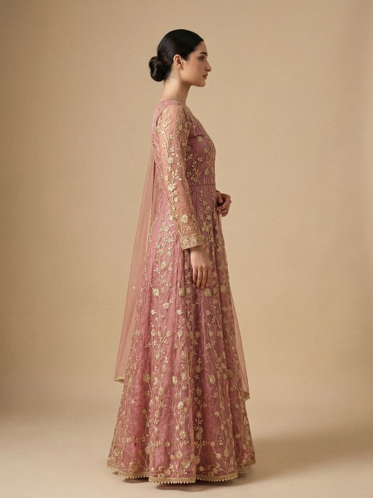 Embroidered Net Semi Stitched Kurta With Trousers & Dupatta Kurta Set