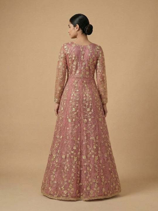 Embroidered Net Semi Stitched Kurta With Trousers & Dupatta Kurta Set