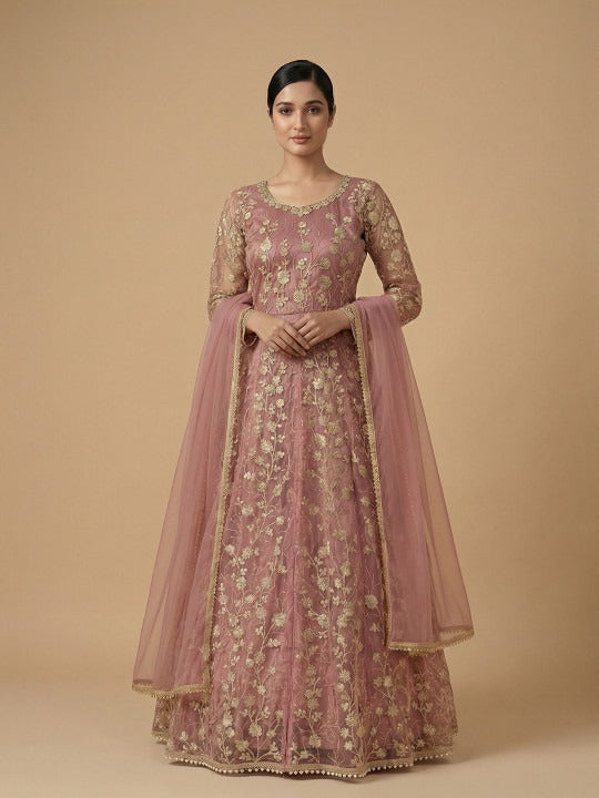 Embroidered Net Semi Stitched Kurta With Trousers & Dupatta Kurta Set