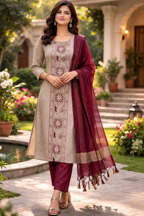 Beige, Burgundy and Gold-Toned Embroidered Kurta with Trousers & Dupatta