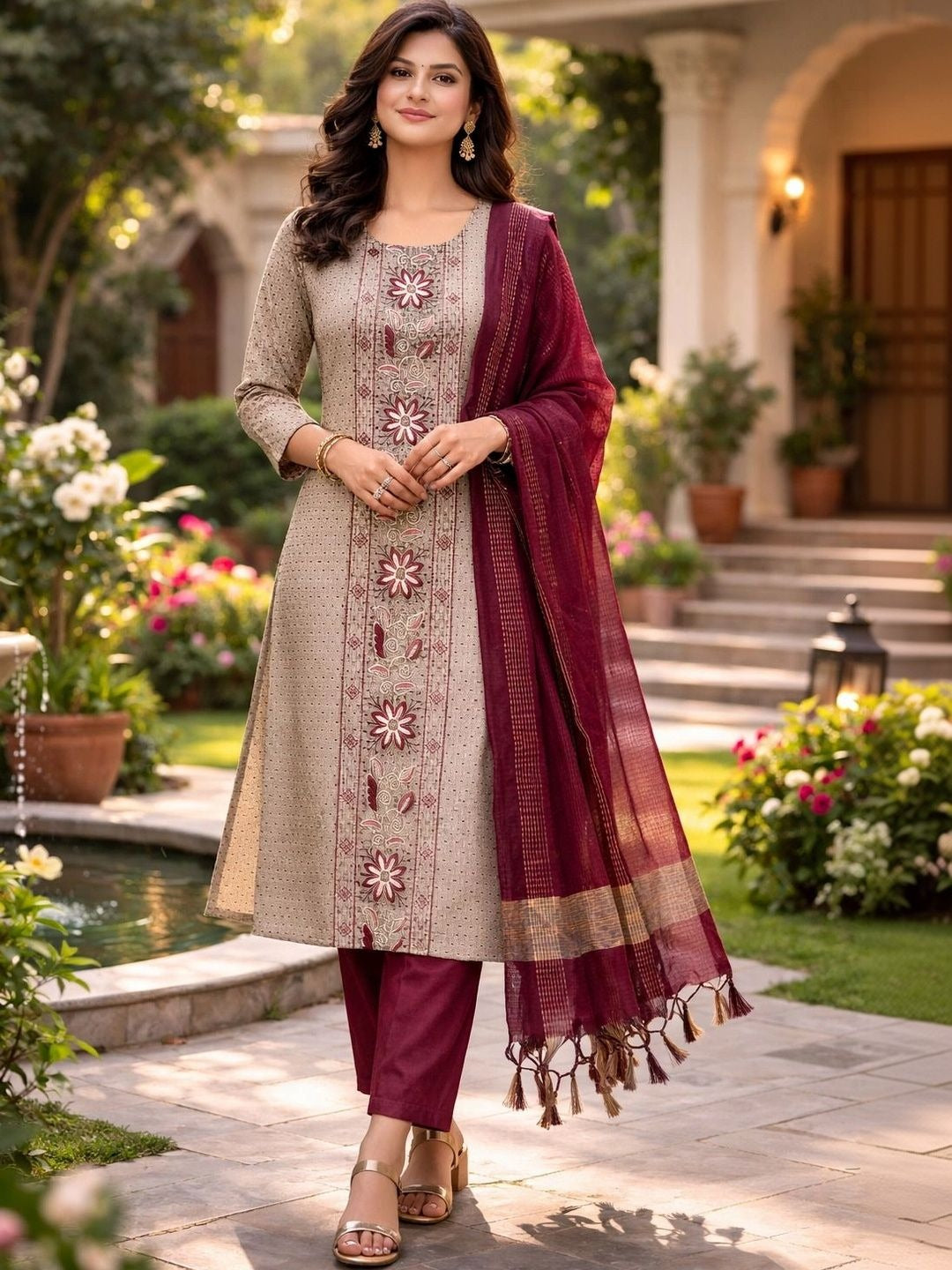 Beige, Burgundy and Gold-Toned Embroidered Kurta with Trousers & Dupatta