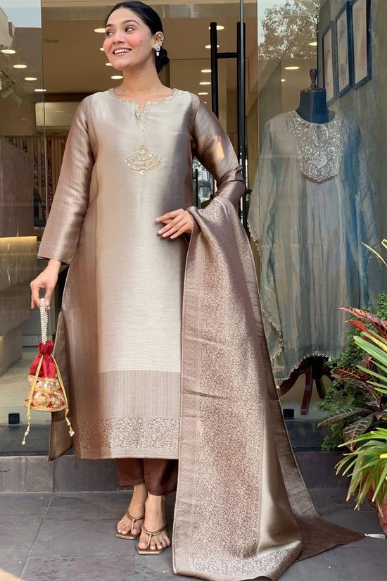 Rose Gold Embroidered Straight Kurta Set with Trousers & Dupatta