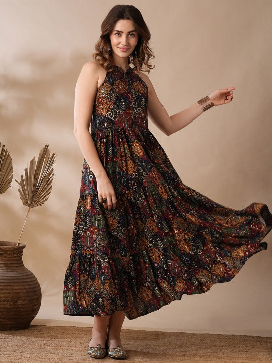 Blue Mandarin Collar Allover Floral Print Tiered Fit & Flare Fusion Maxi Dress