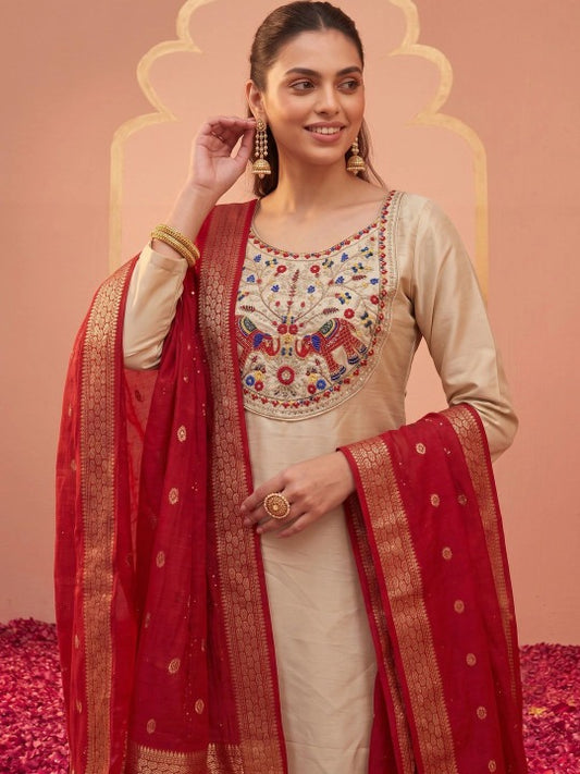 Women Ethnic Motifs Embroidered Regular Thread Work Kurta with Trousers & With Dupatta