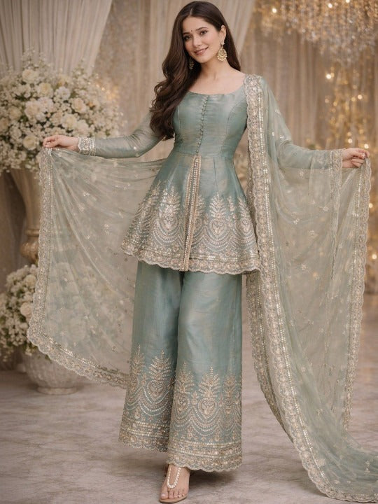 Women Ethnic Motifs Embroidered Empire Kurti with Palazzos & With Dupatta