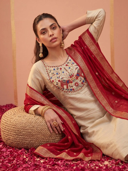 Women Ethnic Motifs Embroidered Regular Thread Work Kurta with Trousers & With Dupatta