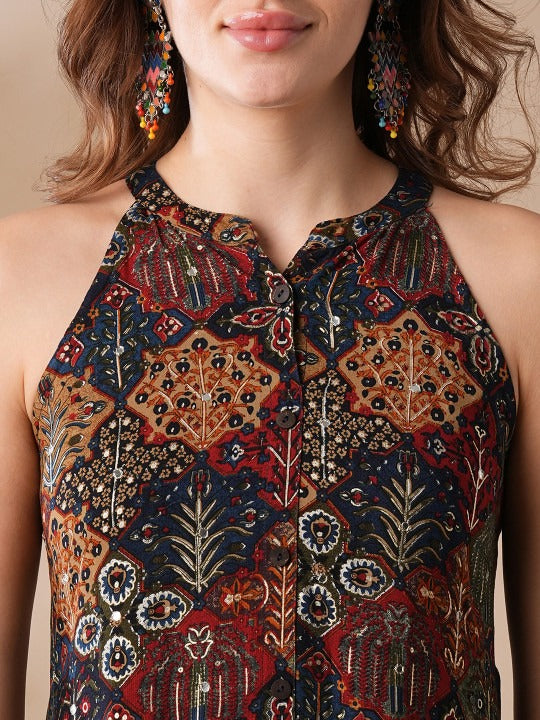 Blue Mandarin Collar Allover Floral Print Tiered Fit & Flare Fusion Maxi Dress