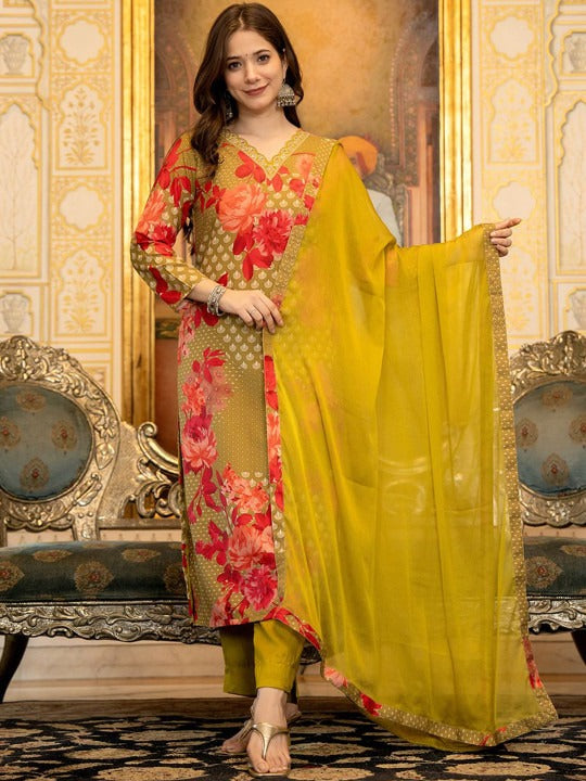 Women Floral Printed Regular Sequinned Kurta with Trousers & With Dupatta