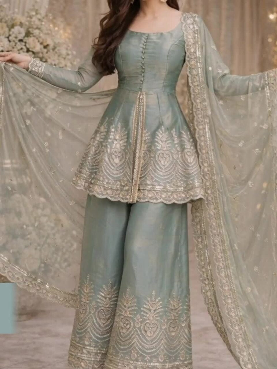 Women Ethnic Motifs Embroidered Empire Kurti with Palazzos & With Dupatta