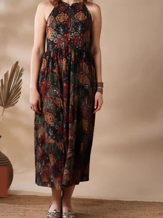 Blue Mandarin Collar Allover Floral Print Tiered Fit & Flare Fusion Maxi Dress