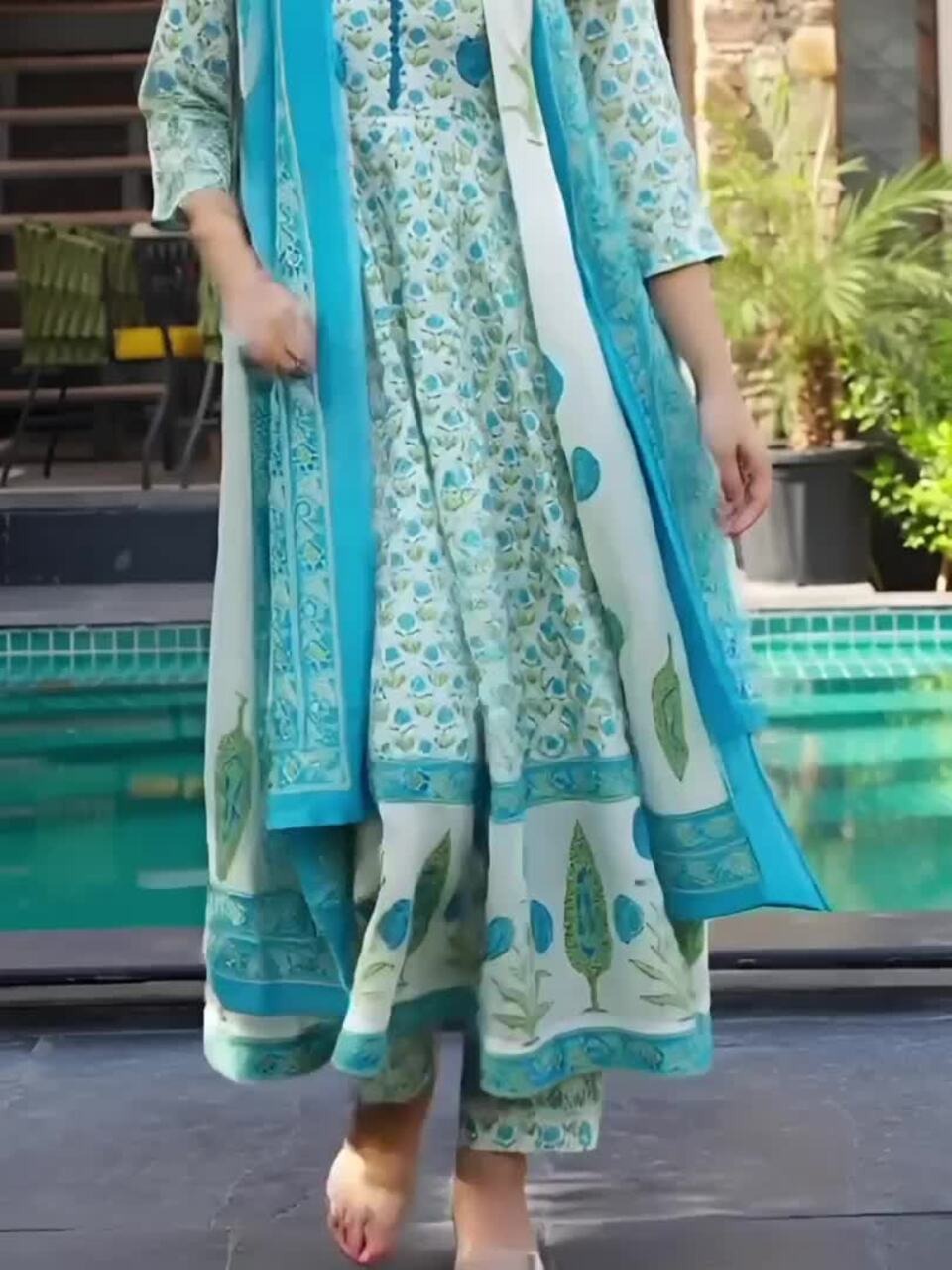Floral Printed Sweetheart Neck Anarkali Kurta With Trousers & Dupatta