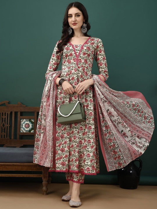 Floral Printed Pure Cotton Anarkali Kurta With Trousers & Dupatta