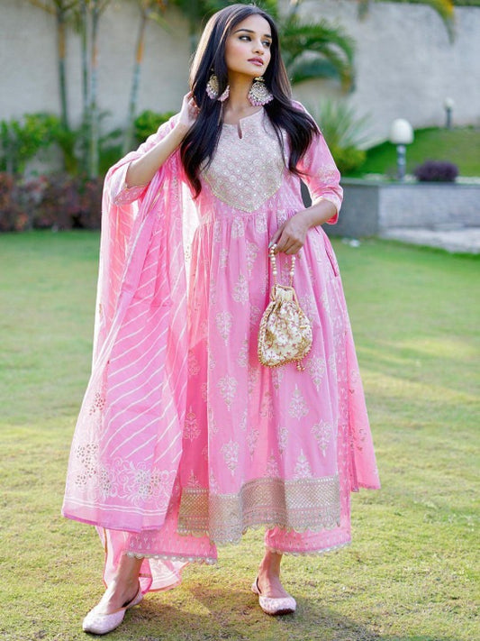 Womens Pink Yoke Design Cotton Anarkali Kurta With Palazzos & Dupatta